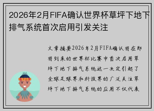 2026年2月FIFA确认世界杯草坪下地下排气系统首次启用引发关注